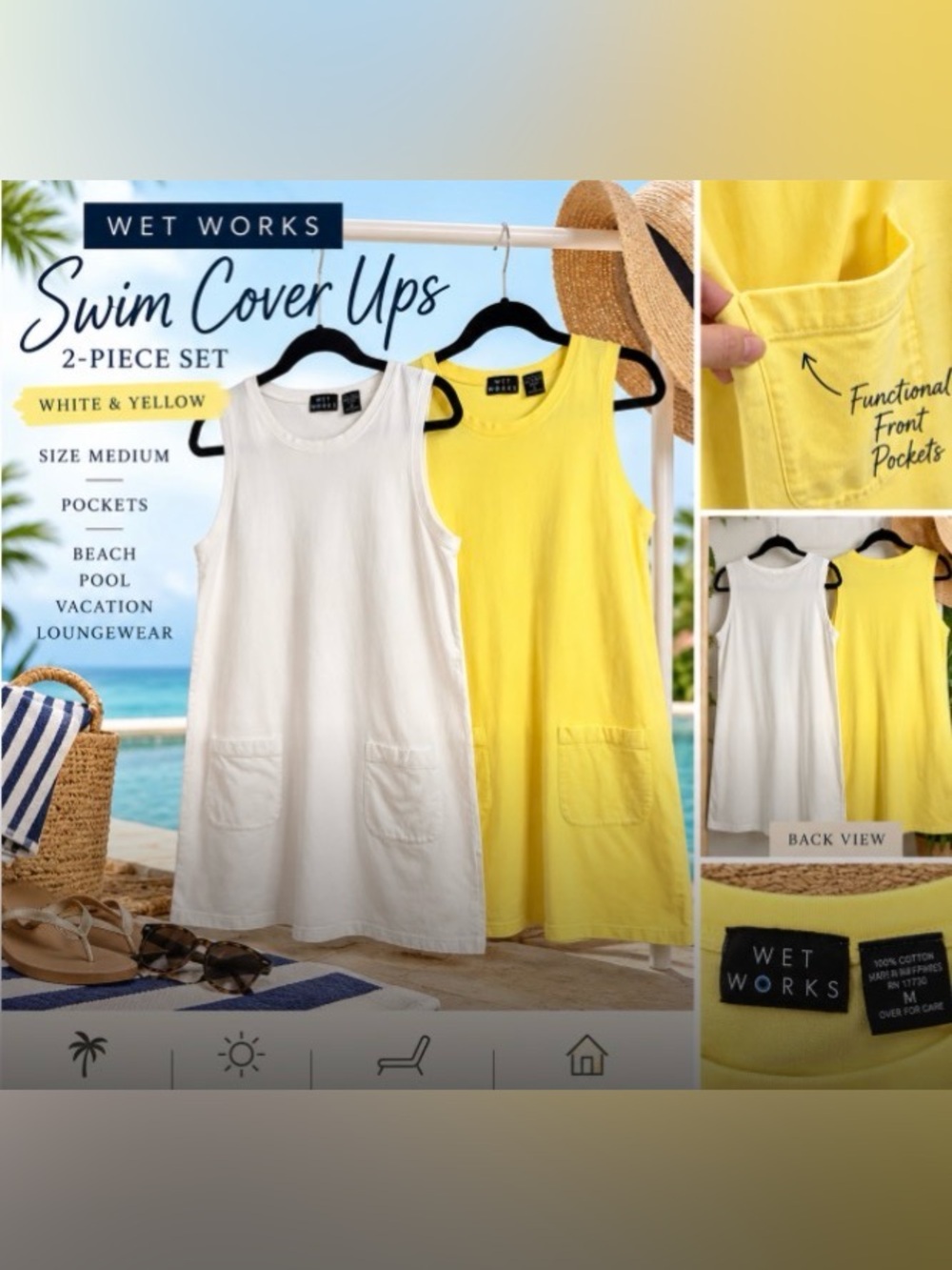 Wet Works Yellow & White Sleeveless Swim Cover-Up Dresses 100% Cotton | Medium